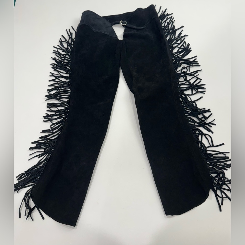 Vintage‎ Black Real Suede Fringed Riding Chaps Side Zipper Adjustable